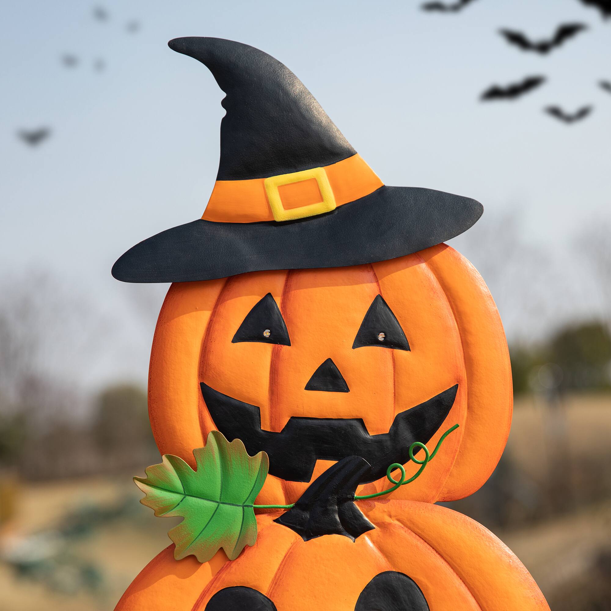 Glitzhome® 3.3ft. Halloween Lighted Metal Stacked Jack-O-Lantern Yard Stake Set
